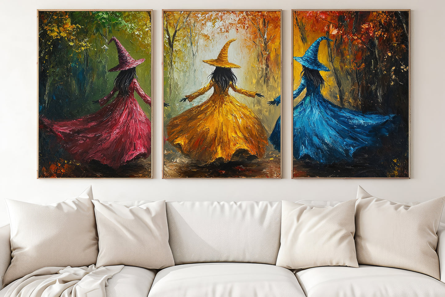 Set Of 3 The Enchanted Dance Of Seasons, Witches Canvas Painting, Spooky Season Wall Art Decor, Halloween Poster Gift For Witch Lovers