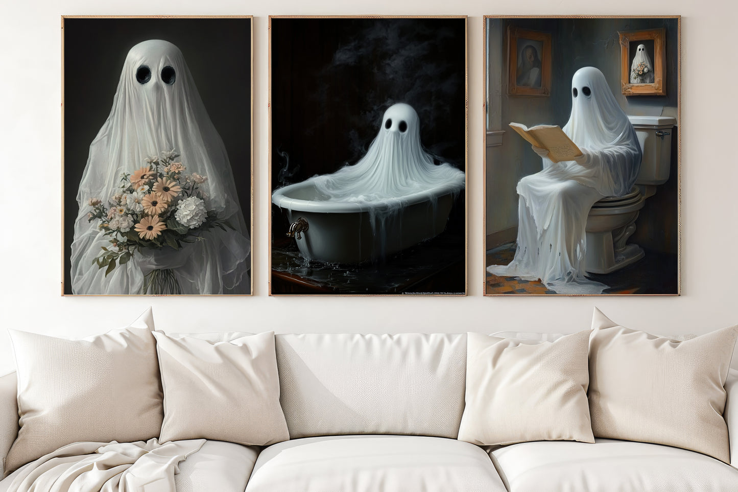 Set Of 3 The Everyday Afterlife, Ghost Canvas Painting, Spooky Season Wall Art Decor, Halloween Poster Gift For Ghost Lovers