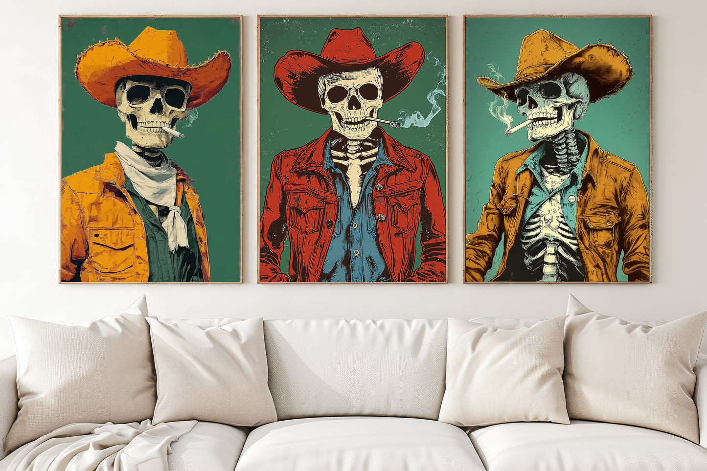 Set Of 3 Cowboy Canvas Painting, Trio Of Skeleton Cowboys Wall Art Decor, Poster Gift For Cowboy Lovers, Skeleton Lovers