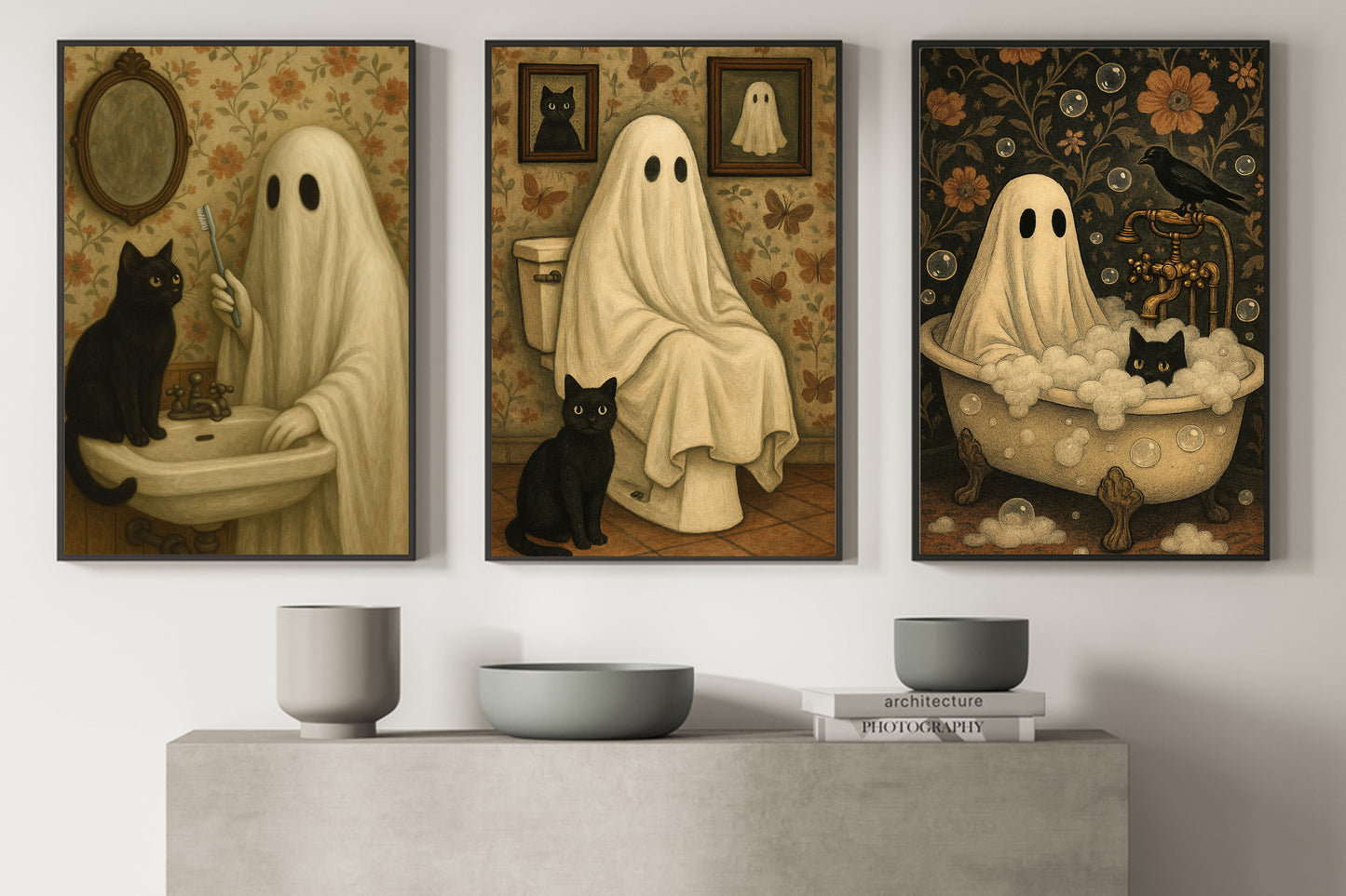 Set Of 3 Halloween Boo Cat Canvas Painting, Spooky Bathroom Chronicles Wall Art Decor, Poster Gift For Ghost Lovers, Cat Lovers