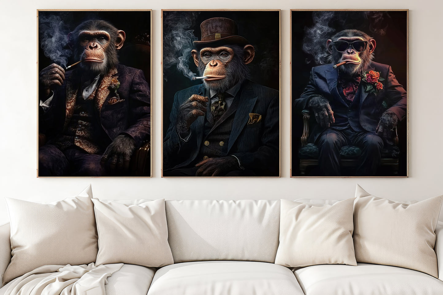 Cool Set Of 3 Monkey Canvas Painting, Monkey Mafia Lounge Wall Art Decor, Poster Gift For Monkey Lovers