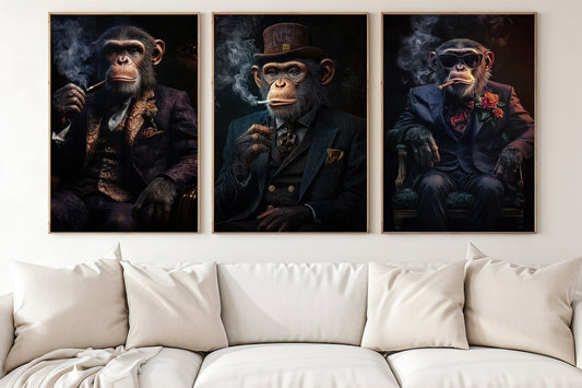 Cool Set Of 3 Monkey Canvas Painting, Monkey Mafia Lounge Wall Art Decor, Poster Gift For Monkey Lovers