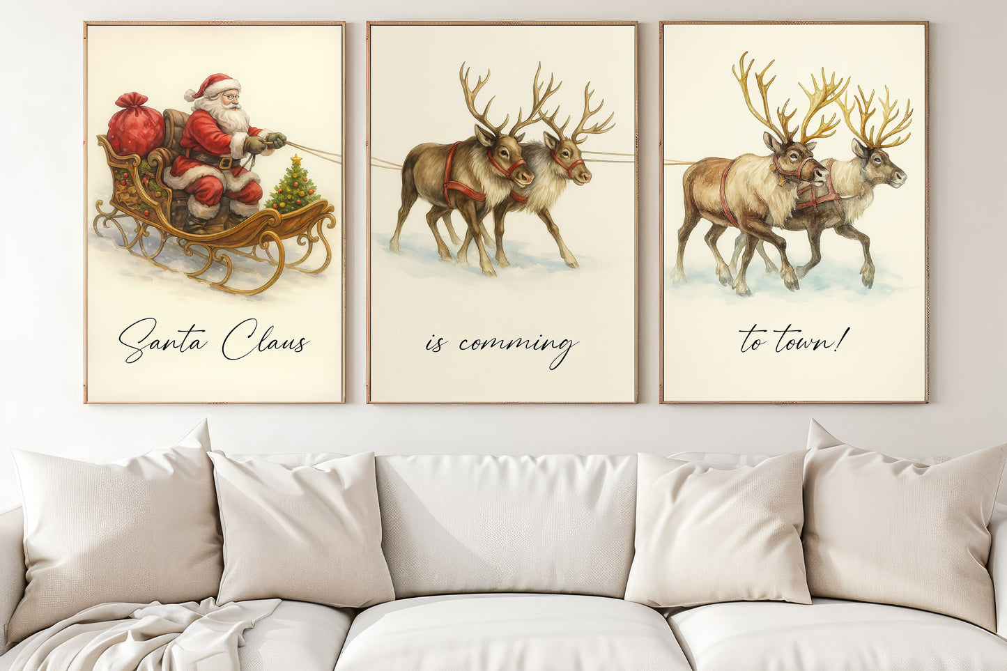 Set Of 3 Christmas Canvas Painting, Santa Claus Is Coming To Town Wall Art Decor, Xmas Poster Gift To Decor House Or Office
