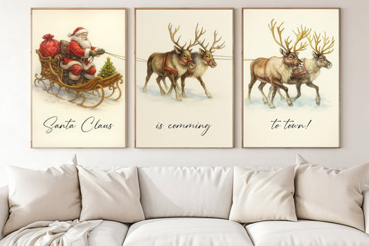 Set Of 3 Christmas Canvas Painting, Santa Claus Is Coming To Town Wall Art Decor, Xmas Poster Gift To Decor House Or Office