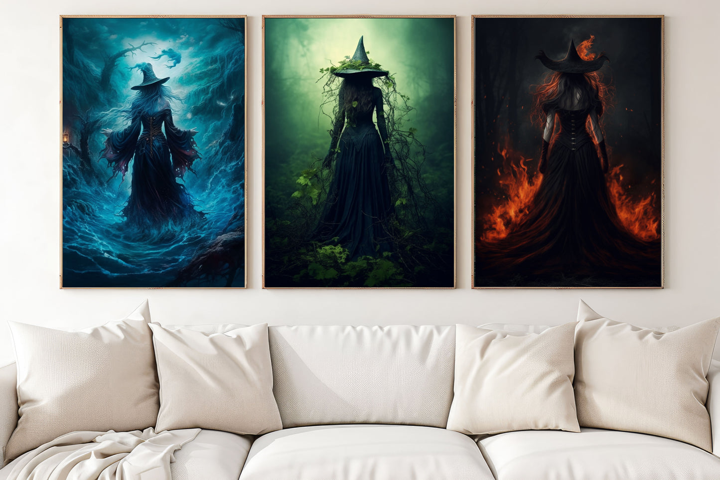 Set Of 3 Witches Halloween Canvas Painting, Wall Art Decor - Spooky Wiches Halloween Poster Print