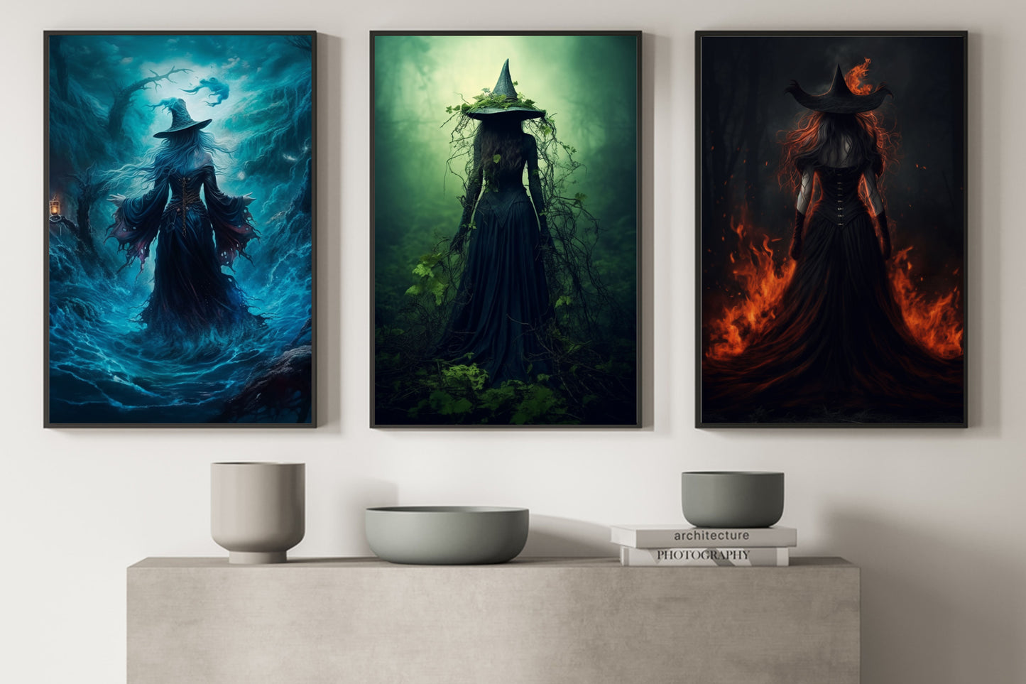 Set Of 3 Witches Halloween Canvas Painting, Wall Art Decor - Spooky Wiches Halloween Poster Print