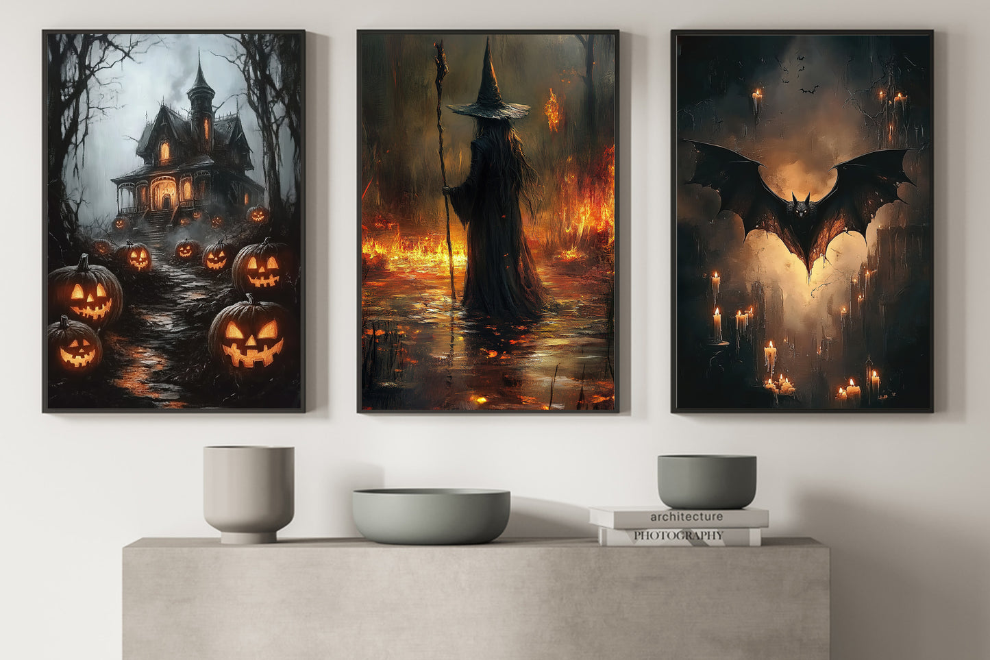 Set Of 3 Witch, Bat and Haunt, Witches Canvas Painting, Spooky Season Wall Art Decor, Halloween Poster Gift For