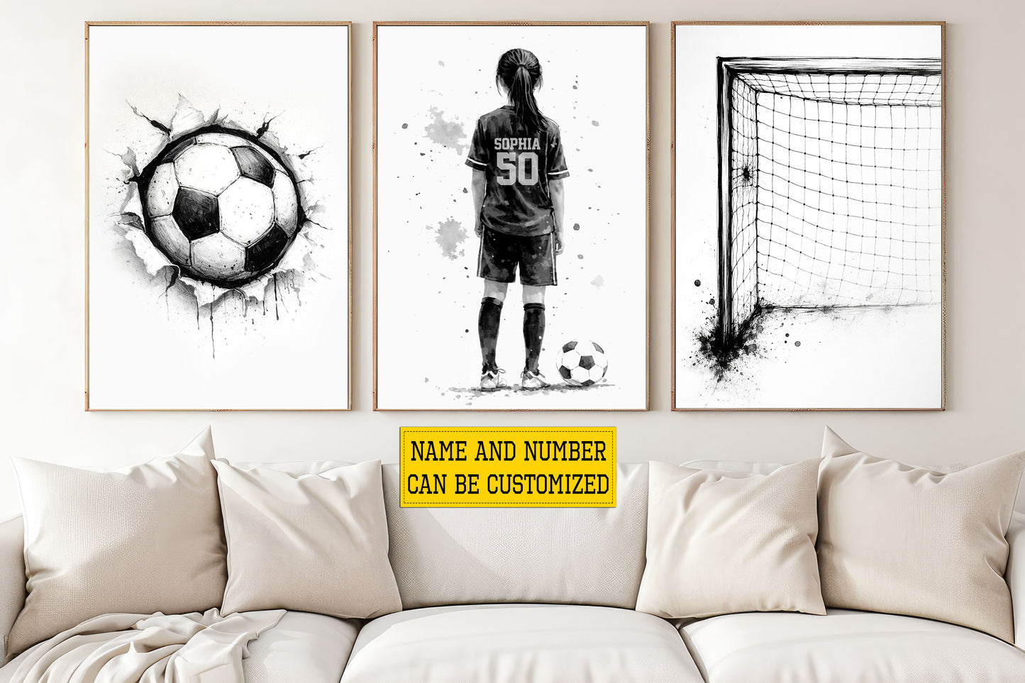 Personalized Set Of 3 Soccer Girl Canvas Painting, Dream Big Play Hard Sport Wall Art Decor, Poster Gift For Soccer Lovers