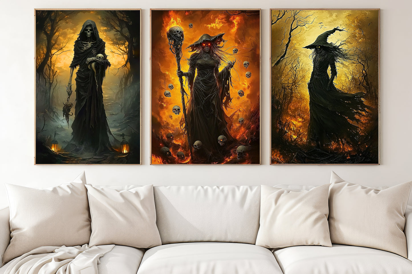 Set Of 3 A Trilogy Of Terror, Witches Canvas Painting, Spooky Season Wall Art Decor, Halloween Poster Gift For Witch Lovers