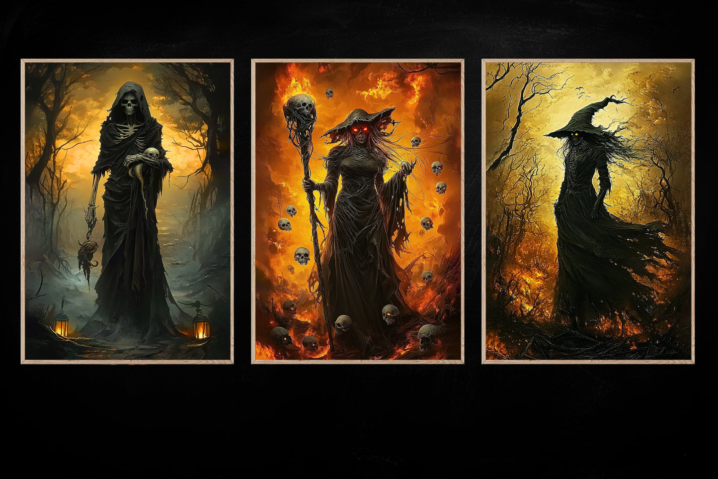 Set Of 3 A Trilogy Of Terror, Witches Canvas Painting, Spooky Season Wall Art Decor, Halloween Poster Gift For Witch Lovers