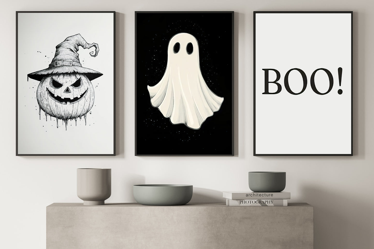 Set Of 3 Ghost Canvas Painting, Spooky Season Wall Art Decor, Halloween Poster Gift For Ghost Lovers