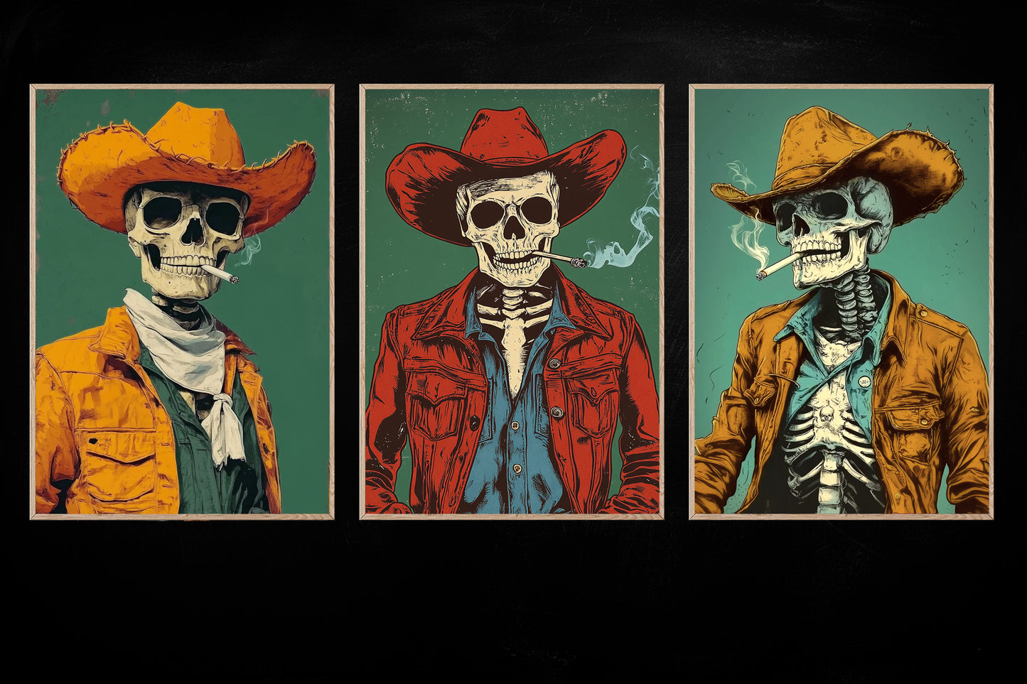 Set Of 3 Cowboy Canvas Painting, Trio Of Skeleton Cowboys Wall Art Decor, Poster Gift For Cowboy Lovers, Skeleton Lovers