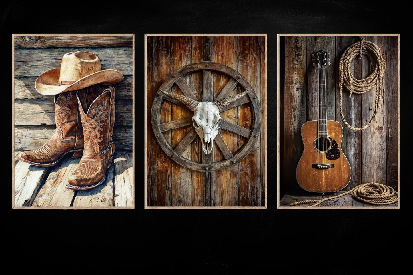 Set Of 3 Cowboy Canvas Painting, Symbols Of Cowboy Wall Art Decor, Poster Gift For Cowboy Lovers