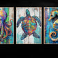 Set Of 3 Sea Animals Canvas Painting, Coastal Marine Life Wall Art Decor, Poster Gift For Ocean Animal Lovers