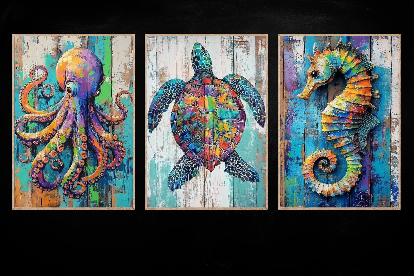 Set Of 3 Sea Animals Canvas Painting, Coastal Marine Life Wall Art Decor, Poster Gift For Ocean Animal Lovers