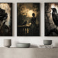 Halloween Set Of 3 Gothic Raven Canvas Painting, Black Rose Victorian Dark Academia Wall Art Decor, Spooky Season Poster Gift