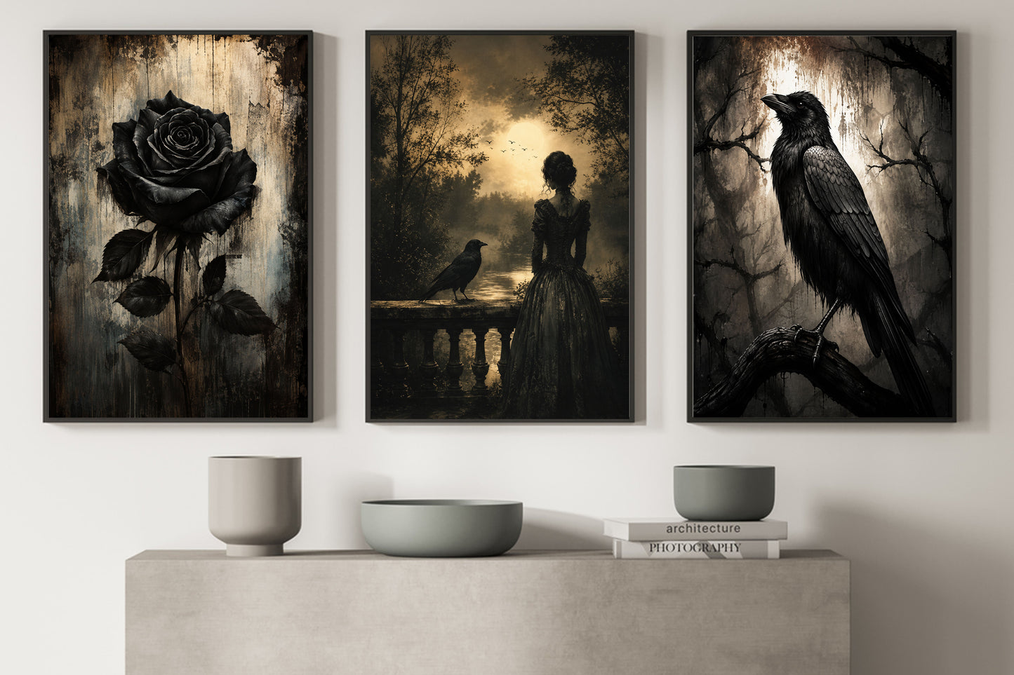Halloween Set Of 3 Gothic Raven Canvas Painting, Black Rose Victorian Dark Academia Wall Art Decor, Spooky Season Poster Gift