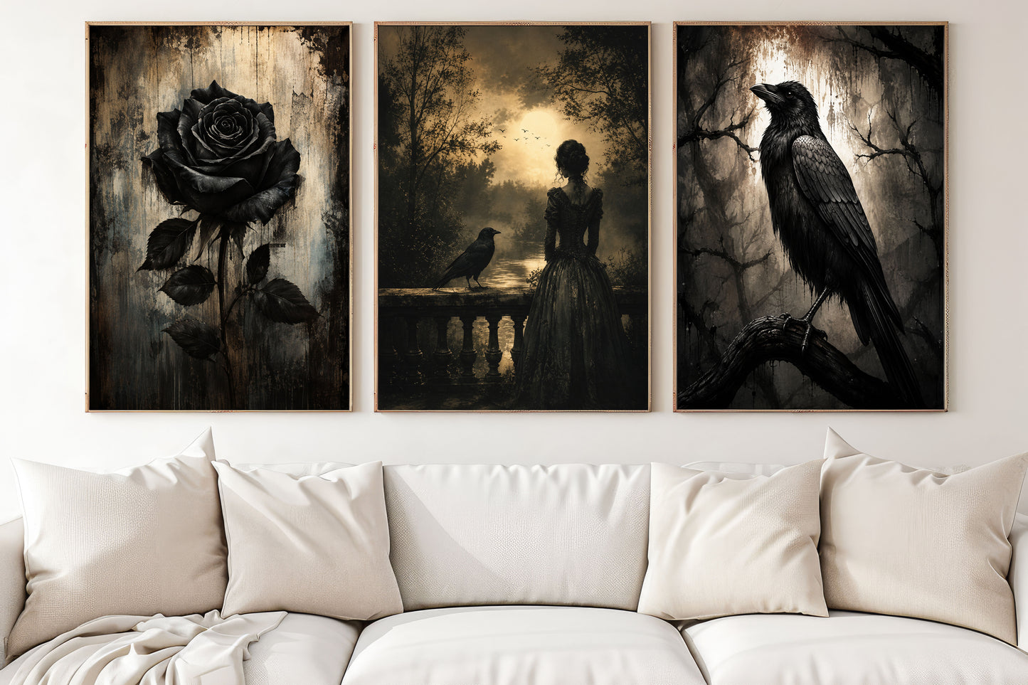 Halloween Set Of 3 Gothic Raven Canvas Painting, Black Rose Victorian Dark Academia Wall Art Decor, Spooky Season Poster Gift