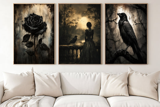 Halloween Set Of 3 Gothic Raven Canvas Painting, Black Rose Victorian Dark Academia Wall Art Decor, Spooky Season Poster Gift