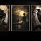 Halloween Set Of 3 Gothic Raven Canvas Painting, Black Rose Victorian Dark Academia Wall Art Decor, Spooky Season Poster Gift