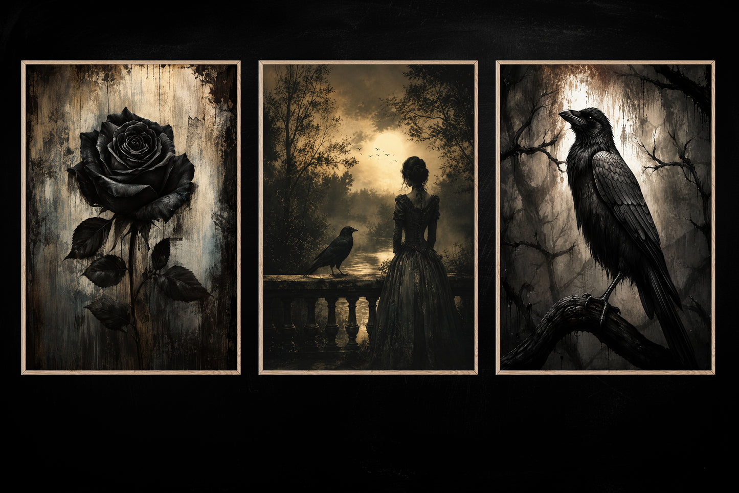 Halloween Set Of 3 Gothic Raven Canvas Painting, Black Rose Victorian Dark Academia Wall Art Decor, Spooky Season Poster Gift