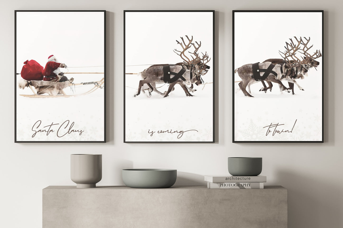 Gallery Set Of 3 Christmas Santa Claus With A Sleigh, Santa Christmas Canvas Painting, Xmas Wall Art Decor - Christmas Poster Gift