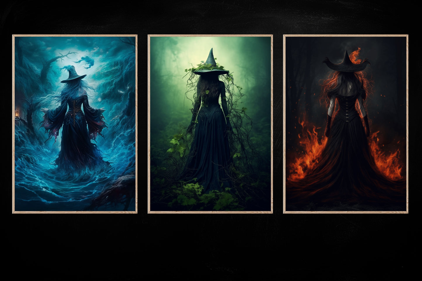 Set Of 3 Witches Halloween Canvas Painting, Wall Art Decor - Spooky Wiches Halloween Poster Print