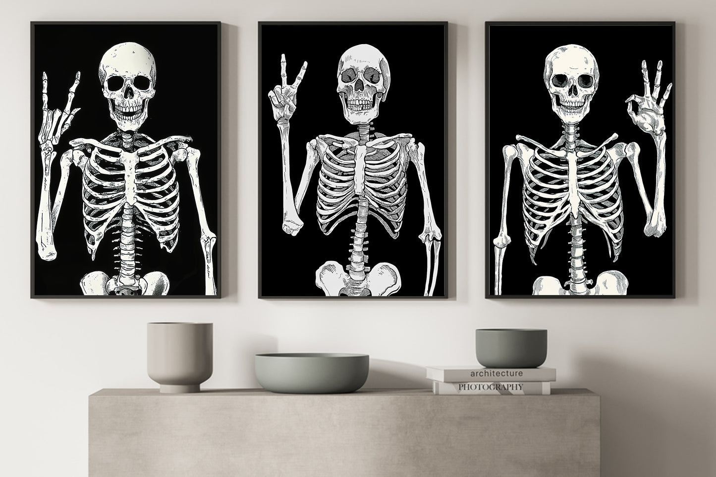 Set Of 3 Bone-A-Fide Vibes, Skeleton Canvas Painting, Spooky Season Wall Art Decor, Halloween Poster Gift For Skull Lovers