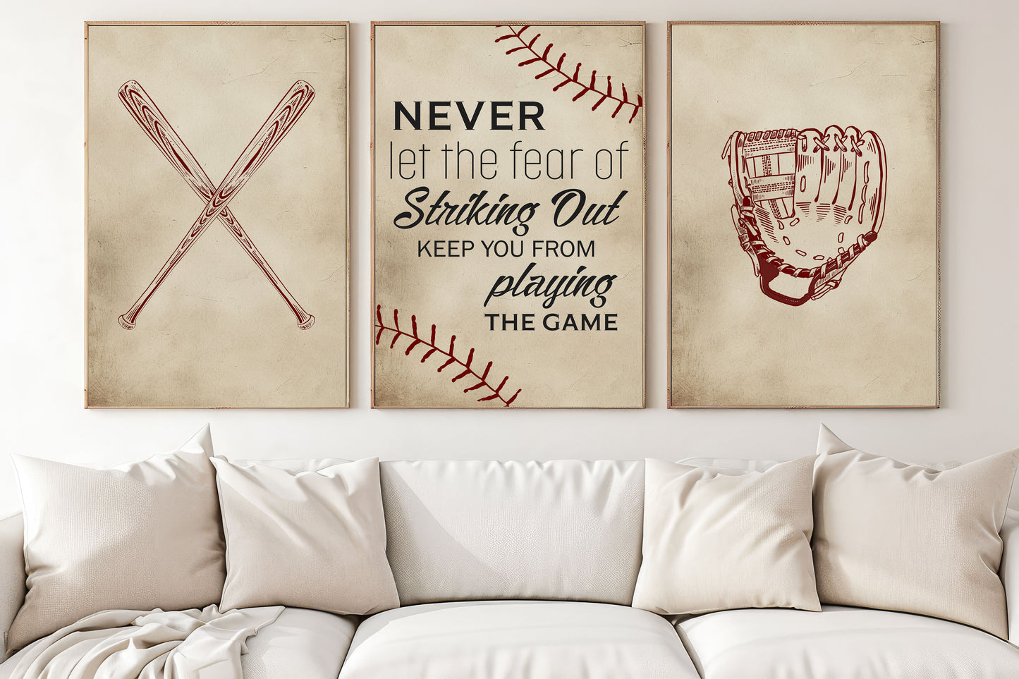 Set Of 3 Baseball Canvas Painting, Never Let The Fear Of Striking Out, Sport Wall Art Decor, Poster Gift For Baseball Lovers