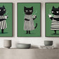 Set Of 3 Black Cat Coffee Canvas Painting, Coffee Time Wall Art Decor, Poster Gift For Cat Lovers