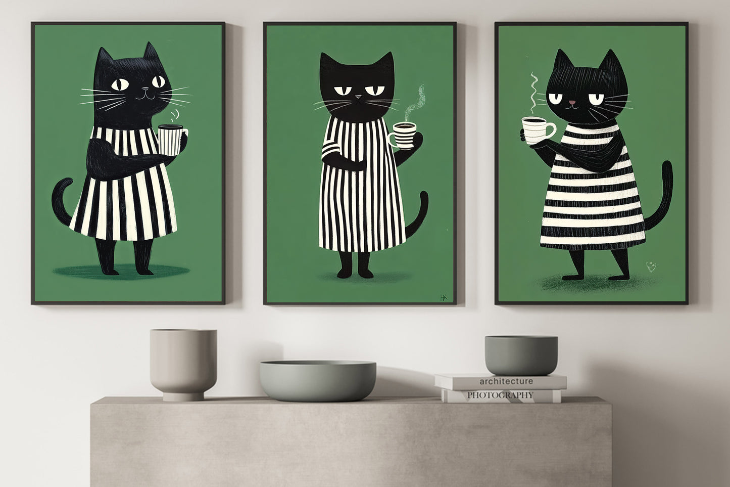 Set Of 3 Black Cat Coffee Canvas Painting, Coffee Time Wall Art Decor, Poster Gift For Cat Lovers