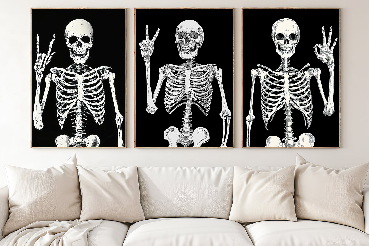 Set Of 3 Bone-A-Fide Vibes, Skeleton Canvas Painting, Spooky Season Wall Art Decor, Halloween Poster Gift For Skull Lovers