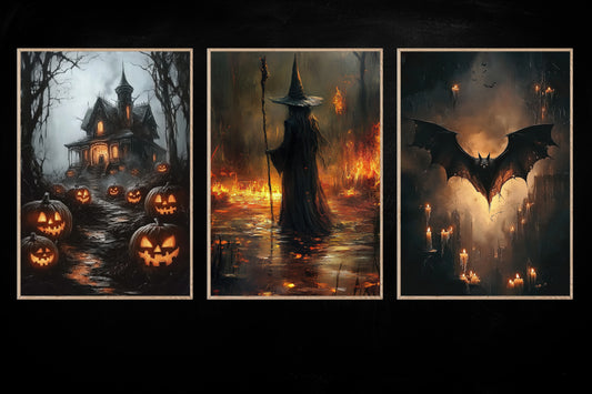 Set Of 3 Witch, Bat and Haunt, Witches Canvas Painting, Spooky Season Wall Art Decor, Halloween Poster Gift For