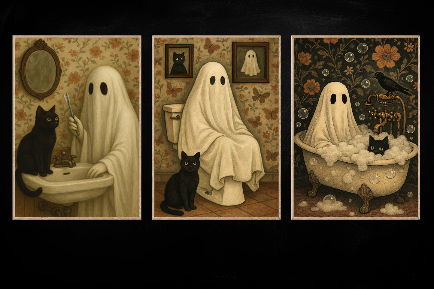 Set Of 3 Halloween Boo Cat Canvas Painting, Spooky Bathroom Chronicles Wall Art Decor, Poster Gift For Ghost Lovers, Cat Lovers
