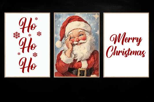 Set Of 3 Ho Ho Ho Christmas, Santa Christmas Canvas Painting, Xmas Wall Art Decor, Christmas Poster Gift