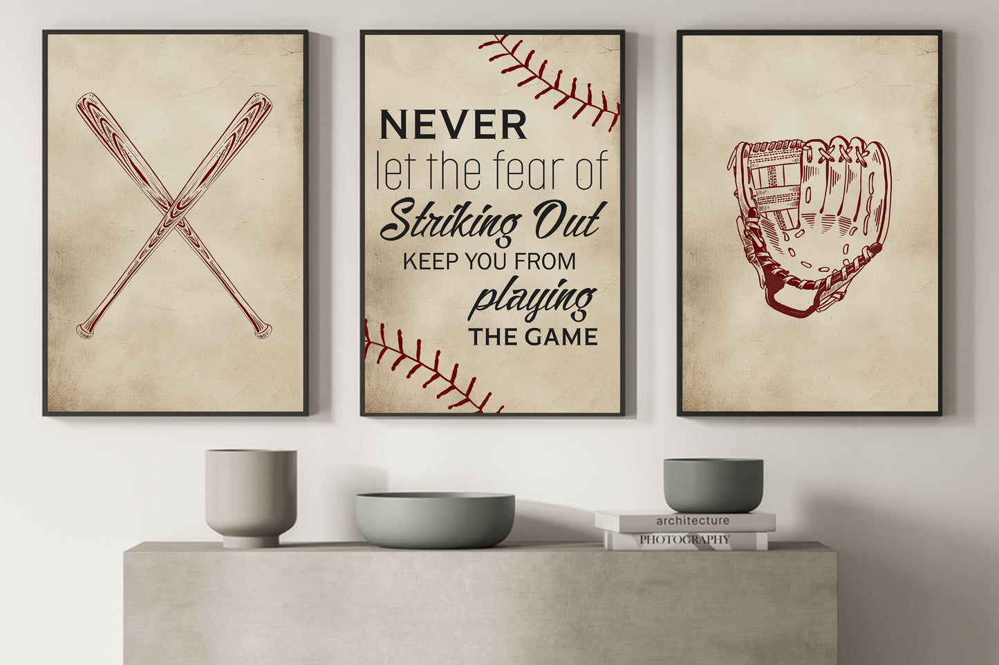 Set Of 3 Baseball Canvas Painting, Never Let The Fear Of Striking Out, Sport Wall Art Decor, Poster Gift For Baseball Lovers