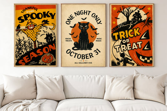 Vintage Halloween Set Of 3 Black Cat Canvas Painting, October 31 Trick Or Treat Wall Art Decor, Spooky Season Poster Gift For Cat Lover