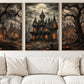 Halloween Set Of 3 Haunted House Canvas Painting, Gothic Haunted Mansion Wall Art Decor, Spooky Season Poster Gift