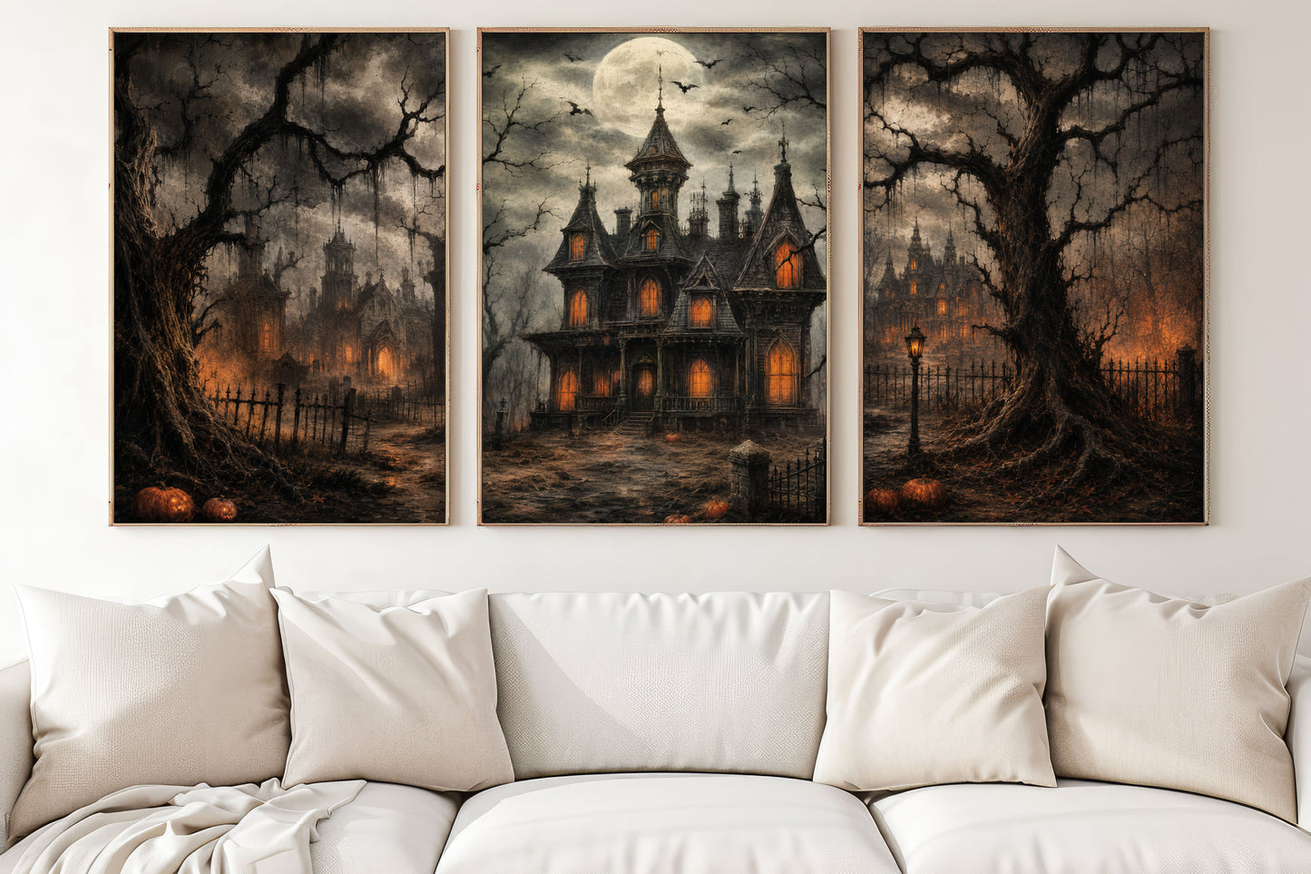 Halloween Set Of 3 Haunted House Canvas Painting, Gothic Haunted Mansion Wall Art Decor, Spooky Season Poster Gift