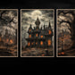 Halloween Set Of 3 Haunted House Canvas Painting, Gothic Haunted Mansion Wall Art Decor, Spooky Season Poster Gift