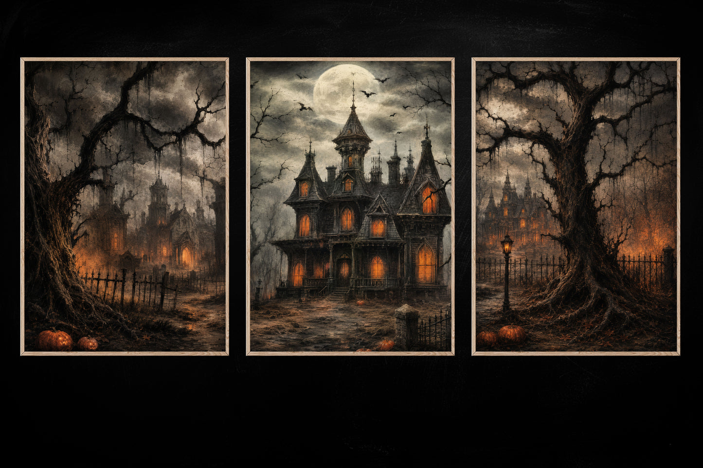 Halloween Set Of 3 Haunted House Canvas Painting, Gothic Haunted Mansion Wall Art Decor, Spooky Season Poster Gift
