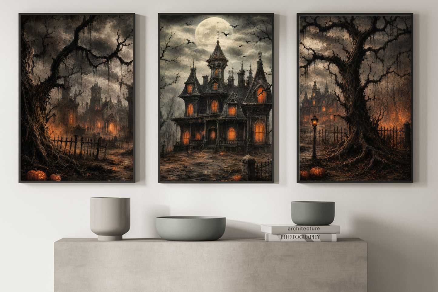 Halloween Set Of 3 Haunted House Canvas Painting, Gothic Haunted Mansion Wall Art Decor, Spooky Season Poster Gift