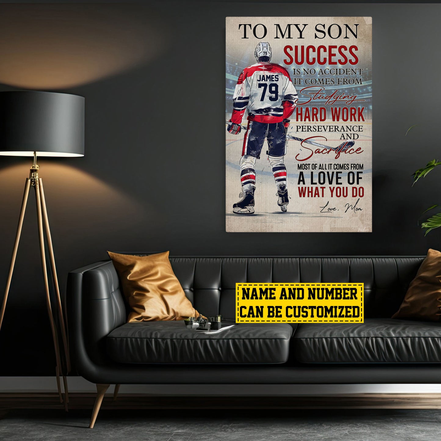 Personalized Hockey Boy Canvas Painting, To My Son Success Is No Accident, Sports Quotes Wall Art Decor, Poster Gift For Hockey Lovers, Gift For Son From Dad,Mom