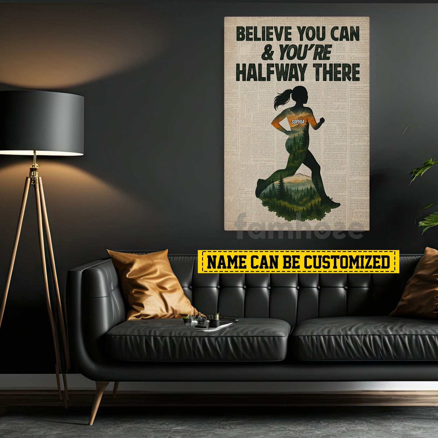 Motivational Personalized Running Woman Canvas Painting, Believe You Can & You're Halfway There Sports Wall Art Decor, Poster Gift For Running Lovers