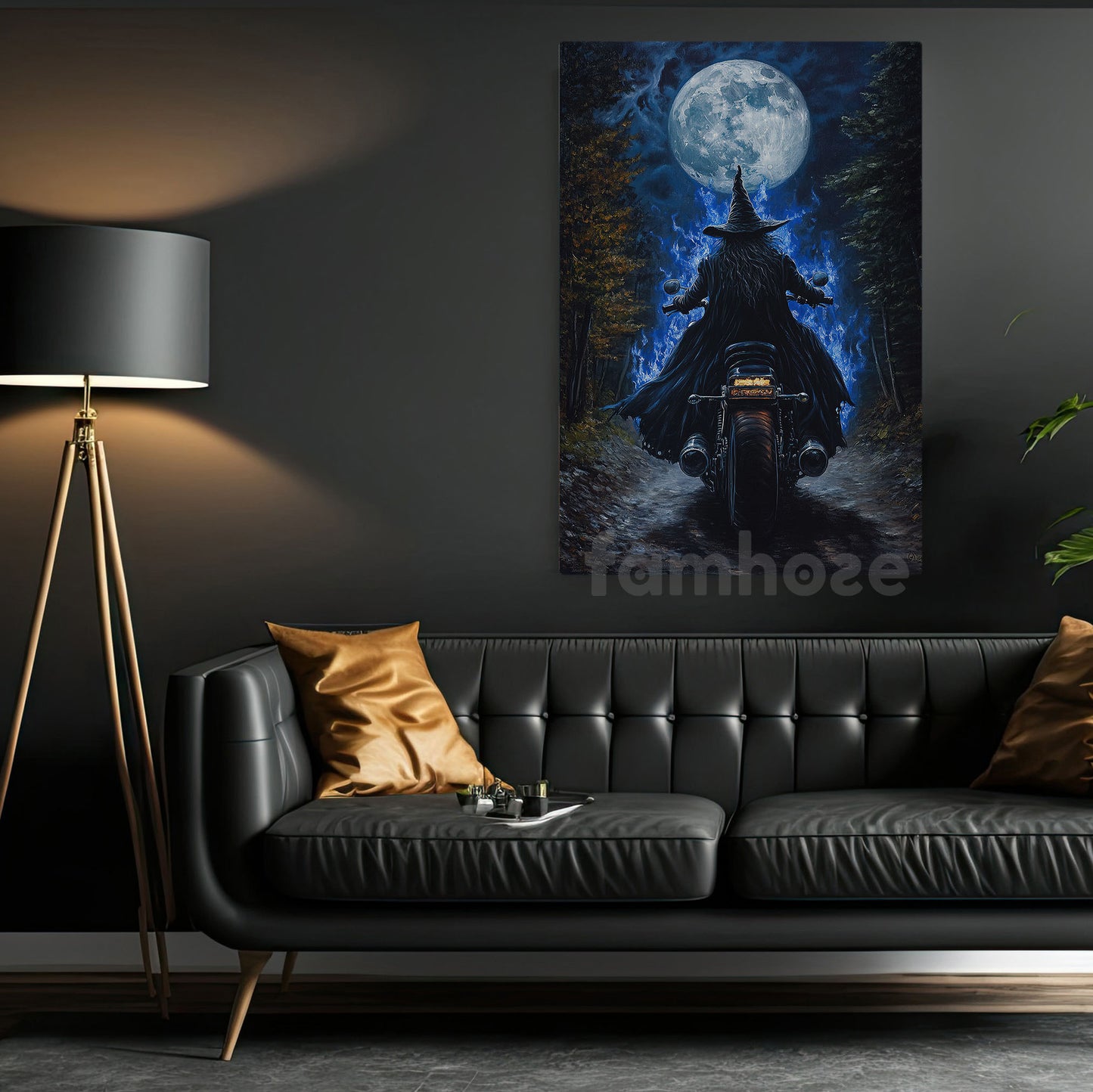 Halloween Witch Motocycle Canvas Painting, Witch Biker Under The Full Moon Wall Art Decor, Spooky Season Poster Gift For Biker