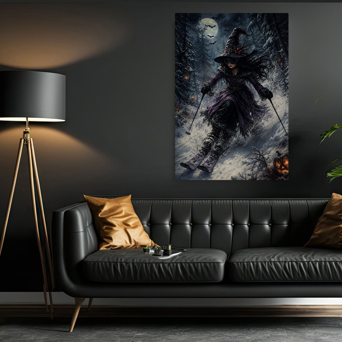 Halloween Skiing Witch Canvas Painting, Witches Don’t Need Broomsticks Wall Art Decor, Spooky Season Poster Gift For Skiing Lover