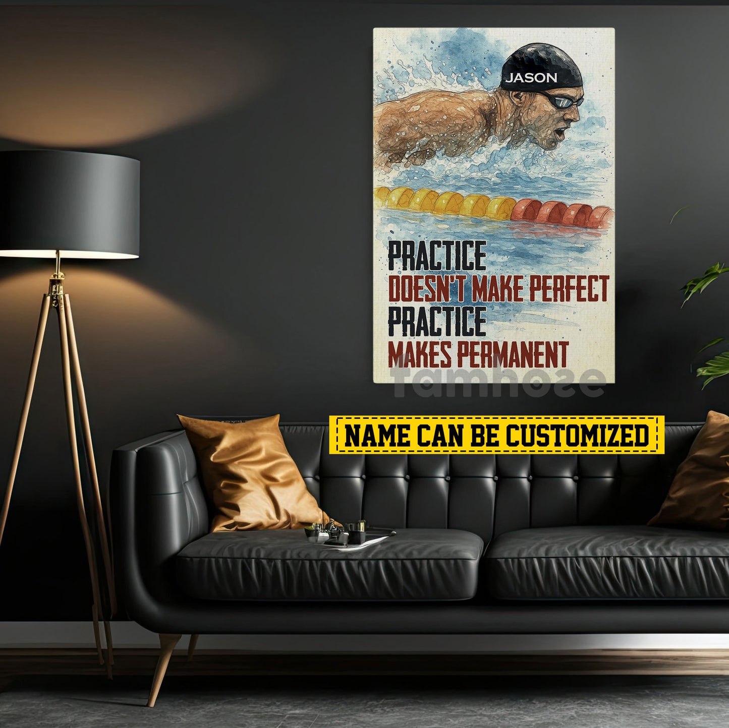 Motivational Personalized Swimming Man Canvas Painting, Practice Doesn't Make Perfect Sport Wall Art Decor, Poster Gift For Swimming Lovers