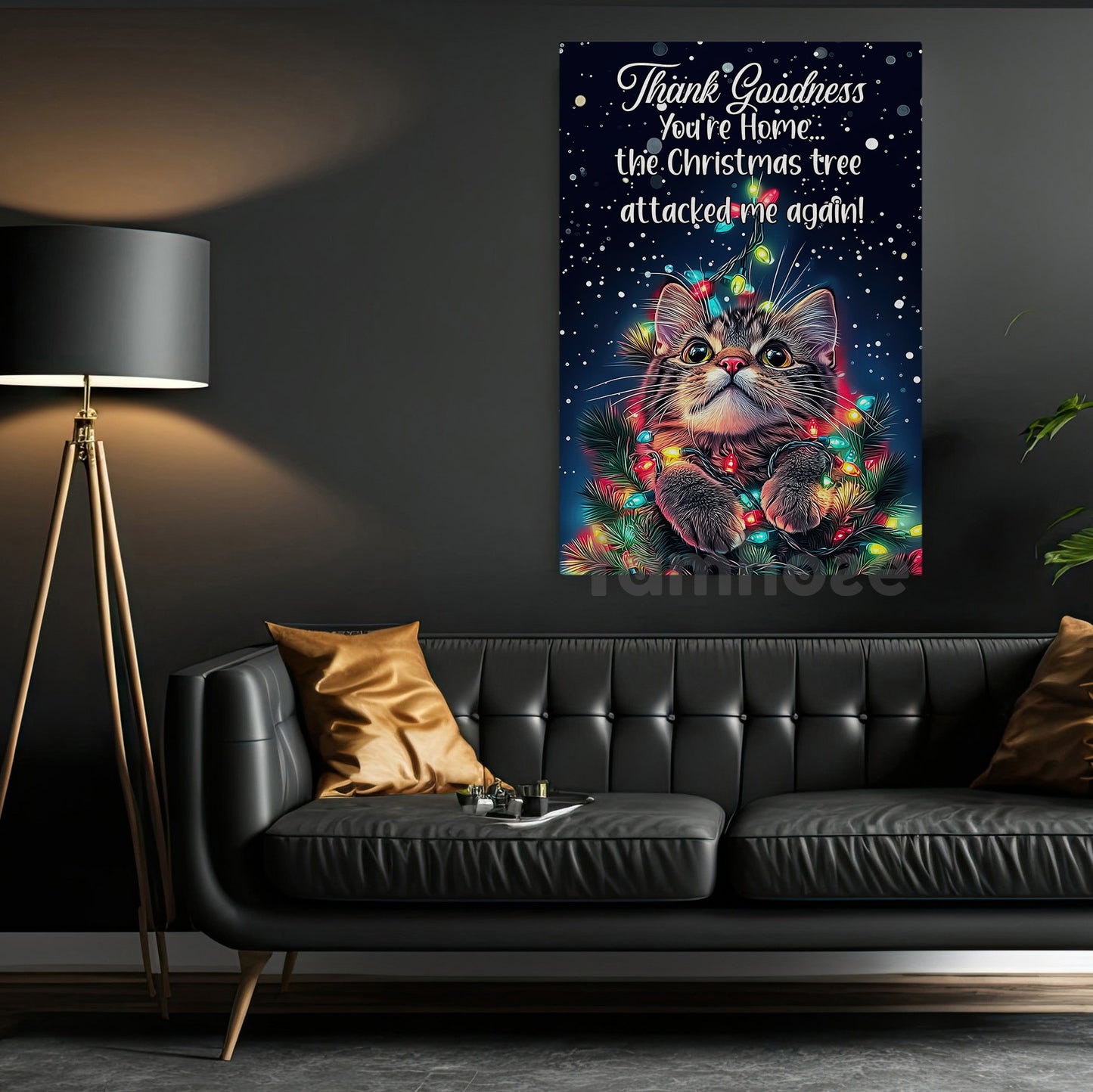 Funny Christmas Cat Canvas Painting, Thank Godness You're Home Wall Art Decor Xmas Poster Gift For Cat Lovers