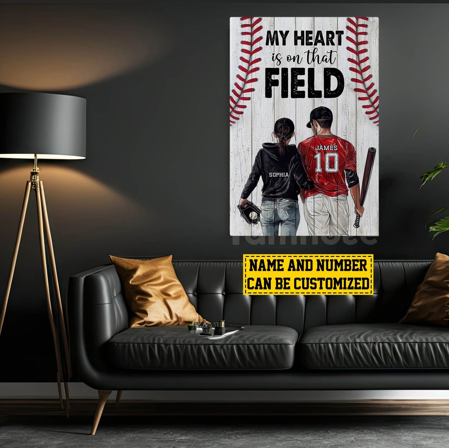 Romantic Personalized Couple Baseball Canvas Painting, My Heart Is On That Field Player Wall Art Decor, Poster Valentine's Day Gift For Baseball-Loving Couple