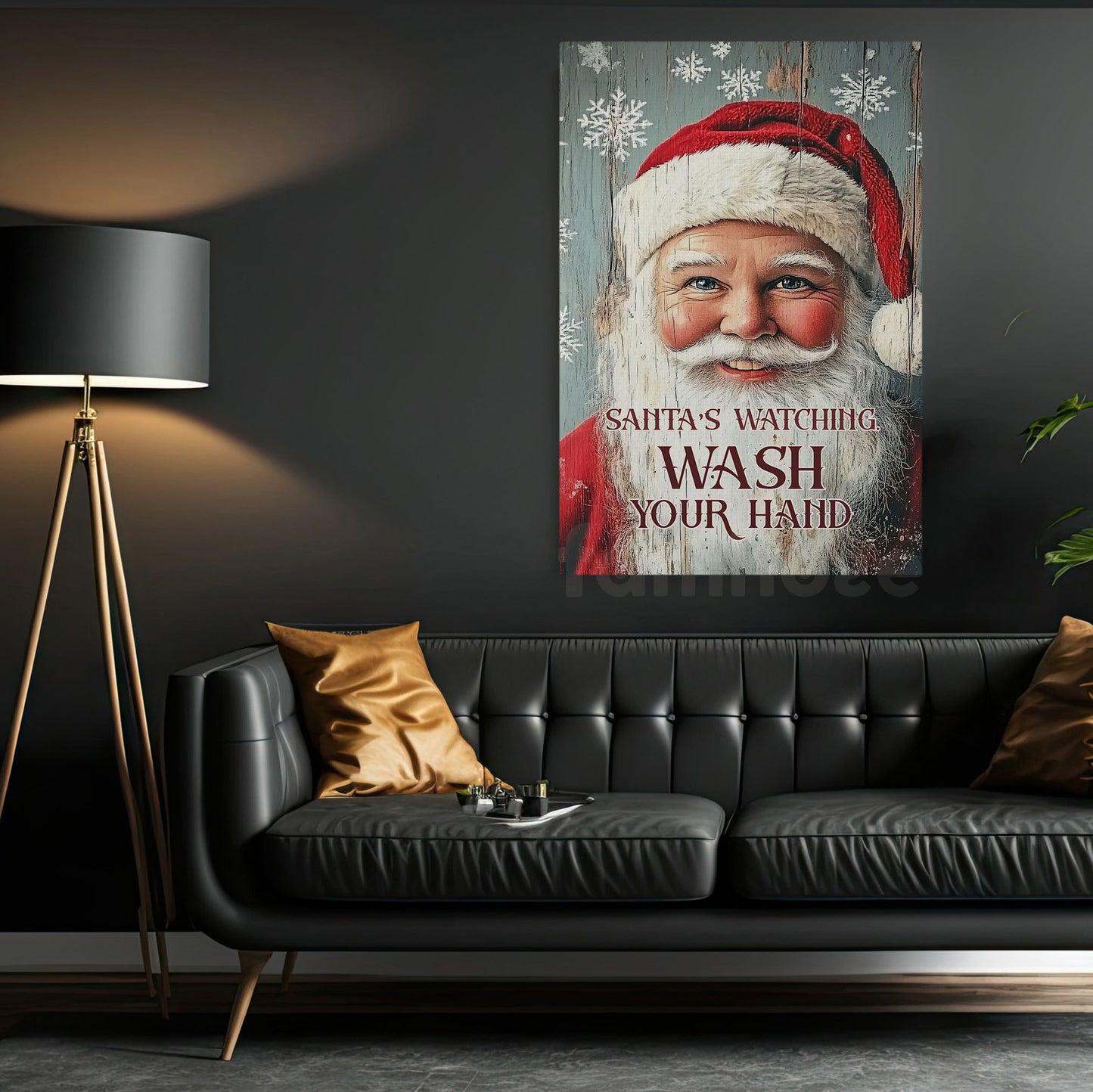 Funny Christmas Canvas Painting, Santa's Watching Wash Your Hand Wall Art Decor, Xmas Poster Gift